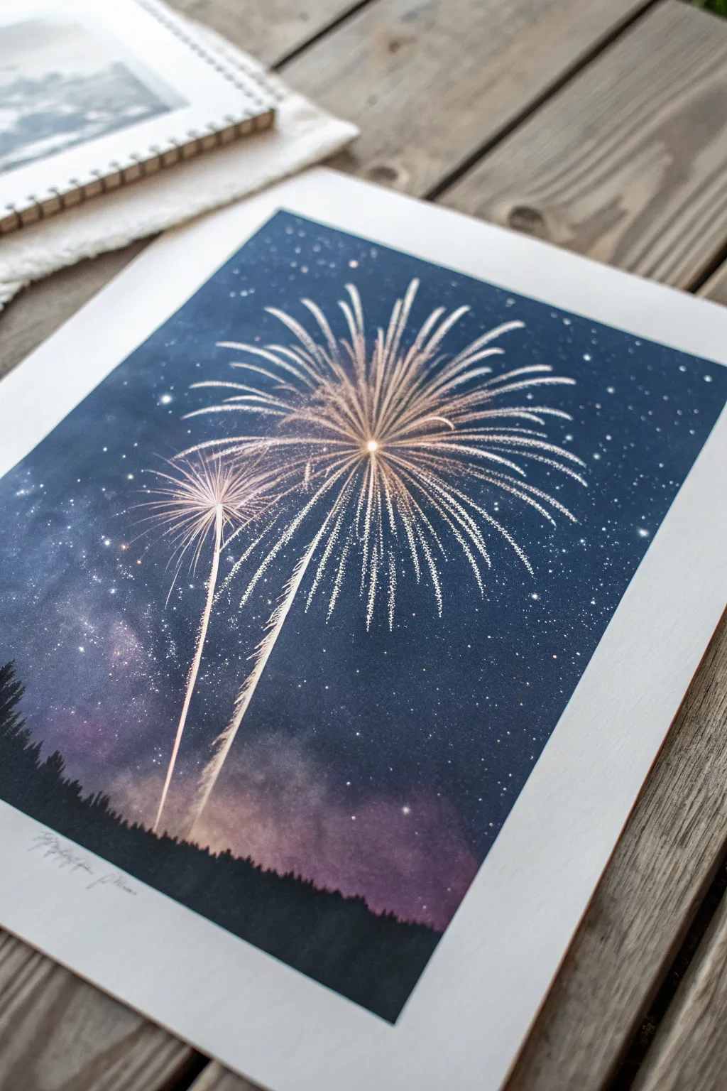 Layered spray-mist halos with sharp bursts create a dreamy minimalist firework sky painting