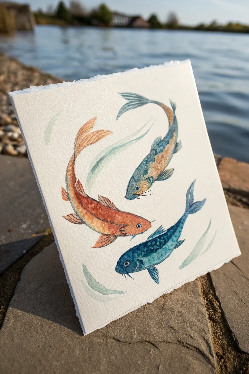 Three S-curve fish in watercolor, a clean motion study with soft currents and bold contrast