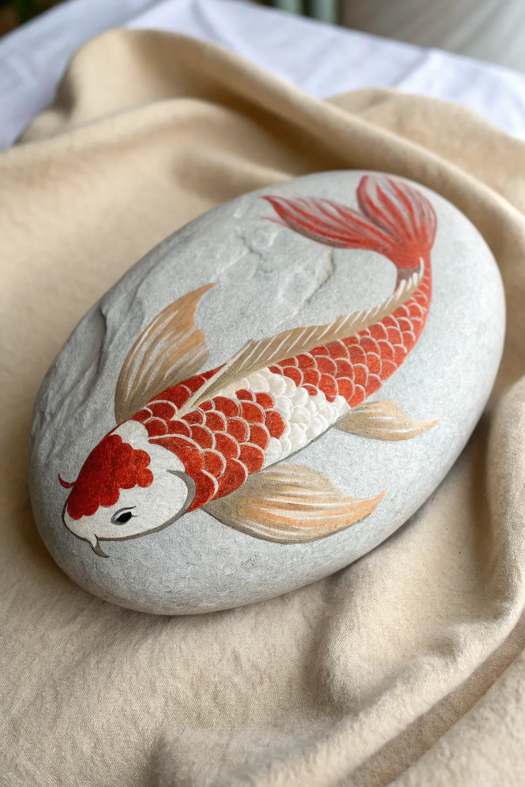 Minimalist koi rock with wraparound fins in red and white for calm, elegant painting inspiration