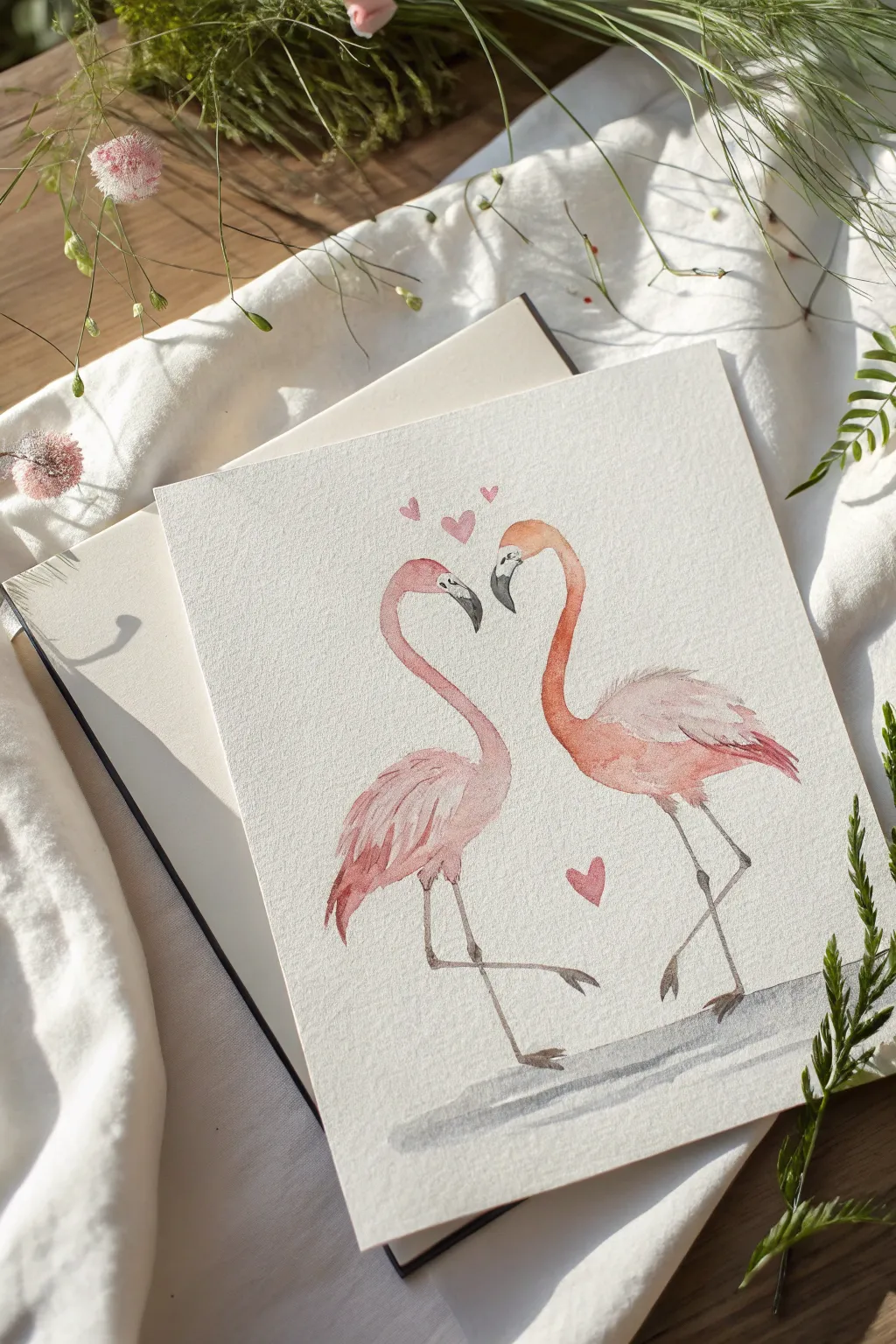 Two flamingos form a heart with negative space, a minimalist blush watercolor idea