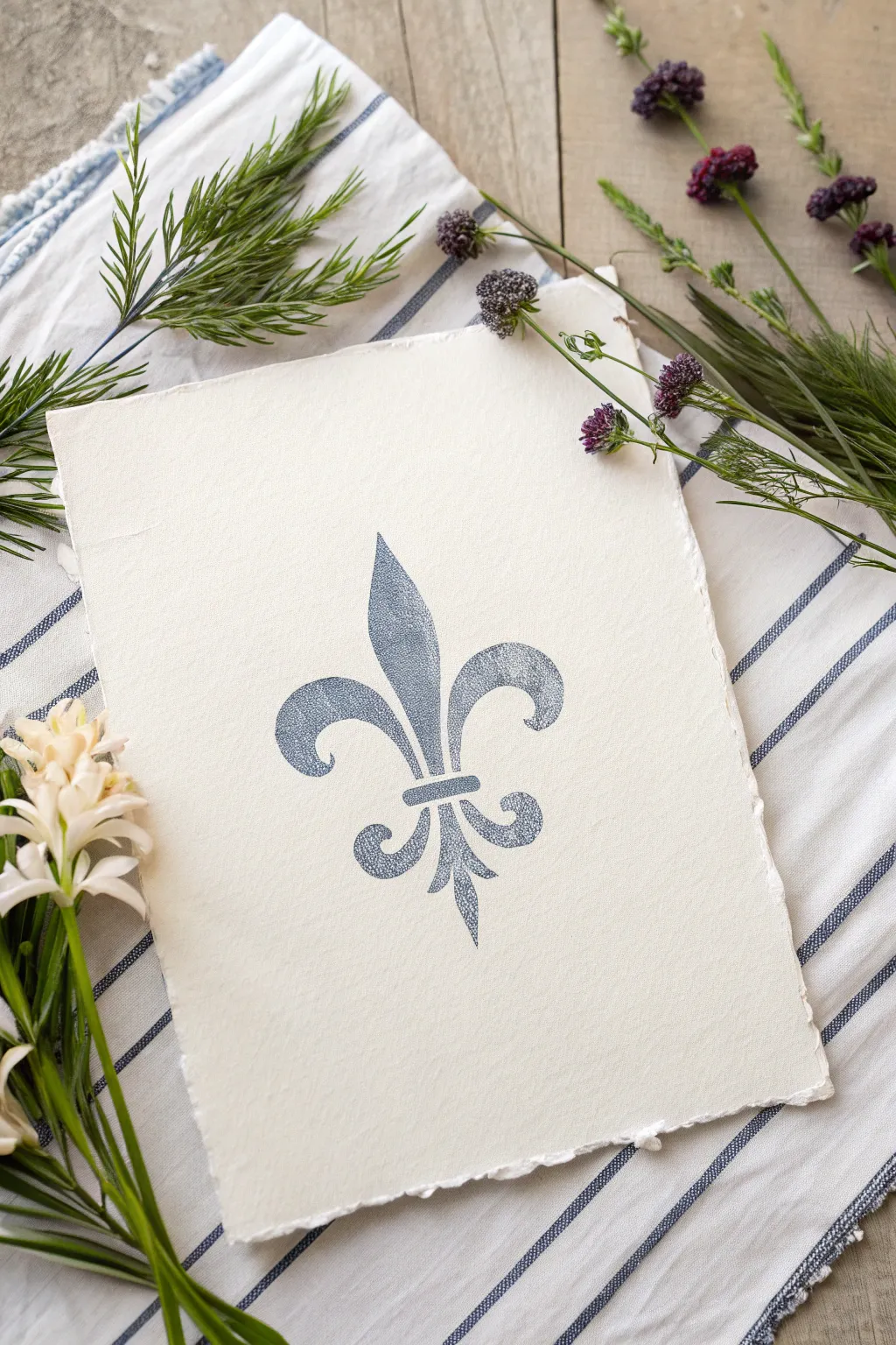 Crisp negative-space fleur de lis on a boho striped wash, minimal, calming, easy to try.