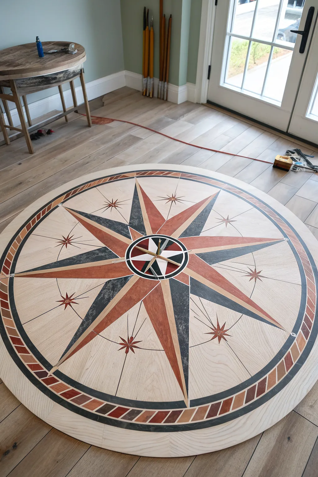 Hand-painted floor medallion centerpiece under a dining table, Scandinavian minimal with boho warmth.