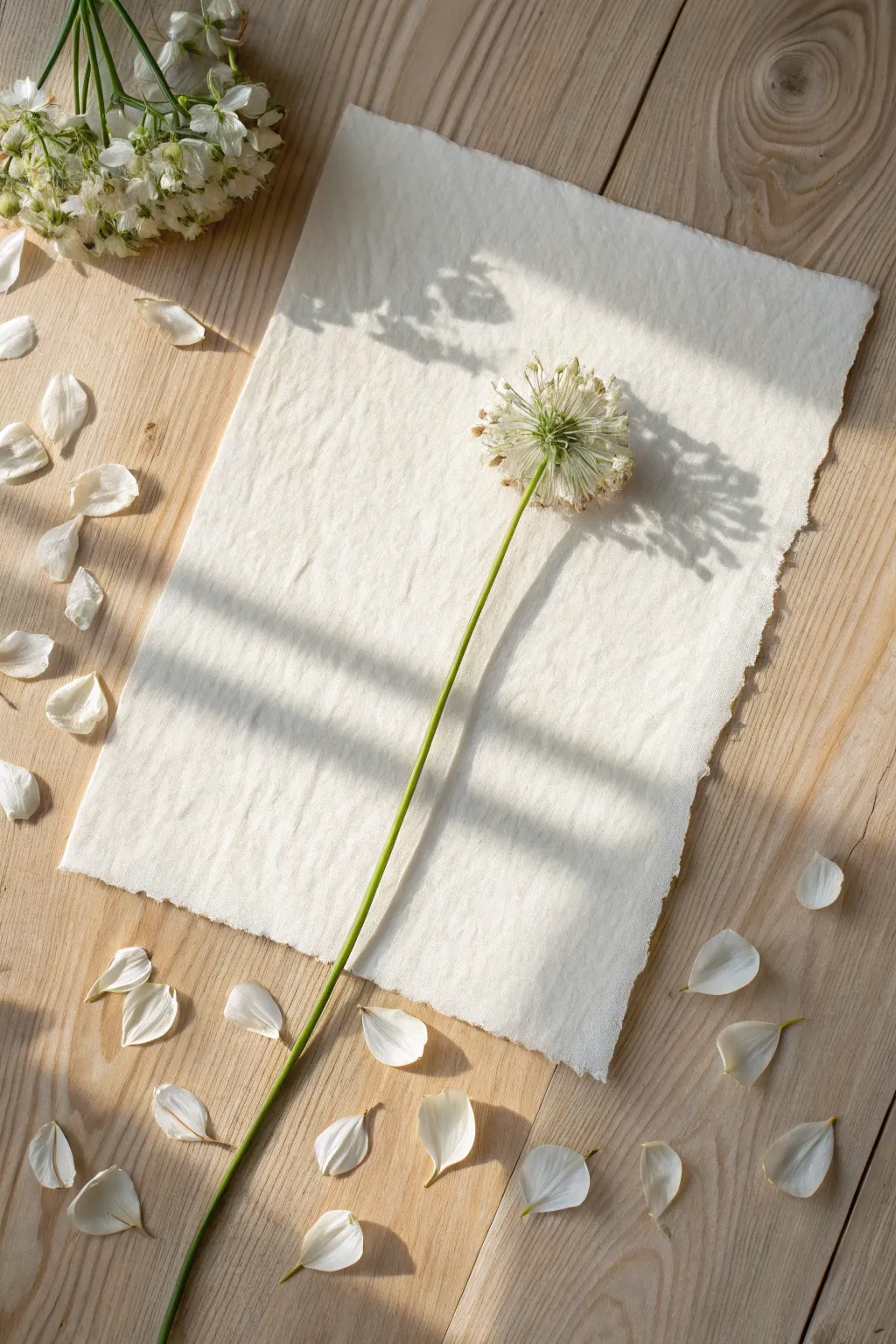 Pressed flower collage on cotton paper, minimal layout, soft light, and calming negative space.