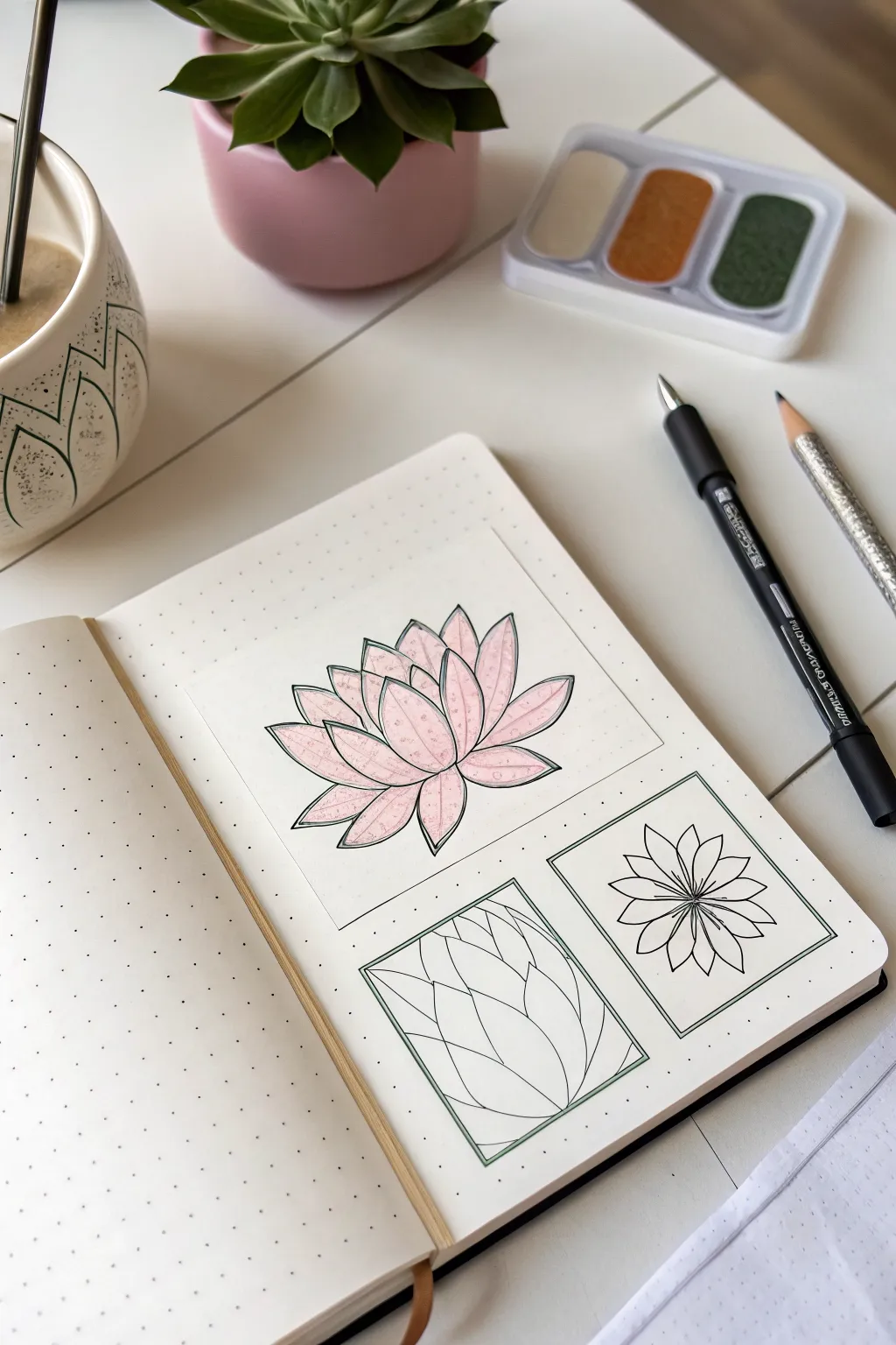 Lotus doodle steps made from simple layered U-shapes, finished with leaves and a clean base