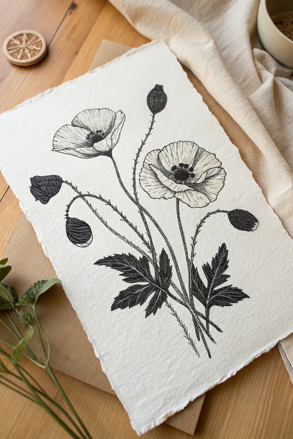Embrace bold contrast and delicate lines with this dramatic black ink poppy drawing idea for your sketchbook.