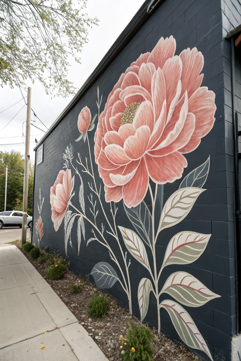 One glowing peony on a charcoal wall, a high-contrast floral mural idea for dramatic spaces
