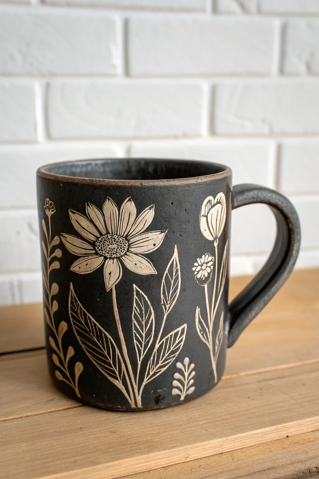 Sgraffito floral silhouettes on a dark slip mug, with crisp carved petals and cozy contrast