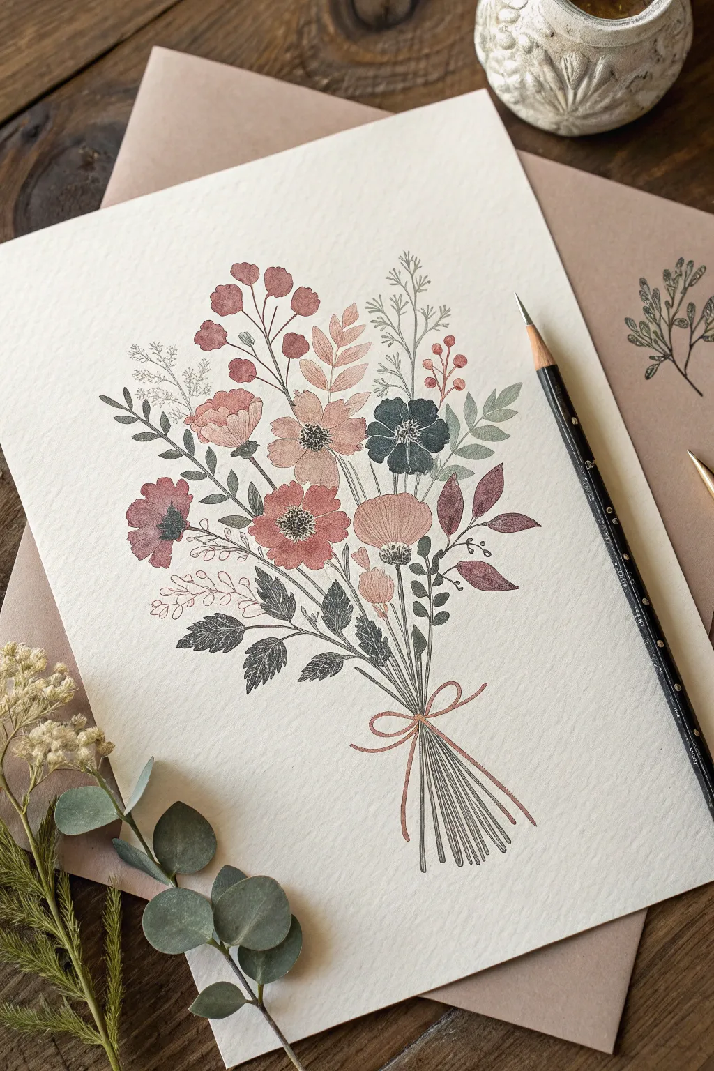 Bouquet silhouette built from flower stamps, minimalist and feminine with soft boho contrast