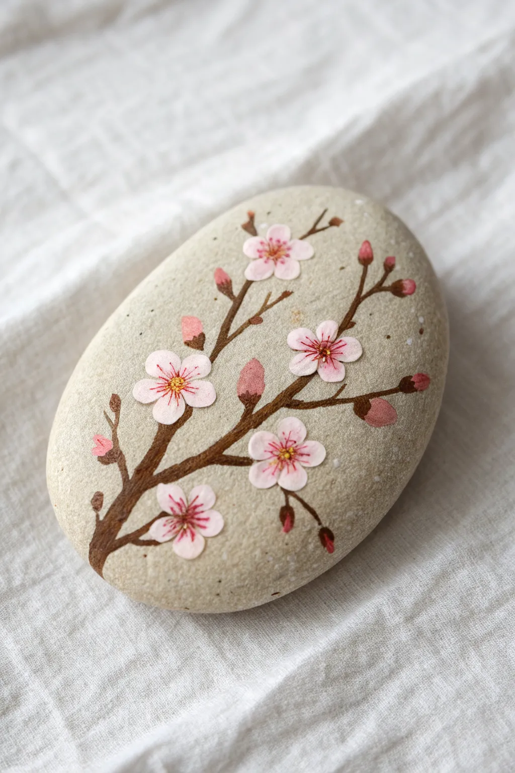 Cherry blossom branch sweep on a smooth stone, minimal and airy rock painting inspiration.