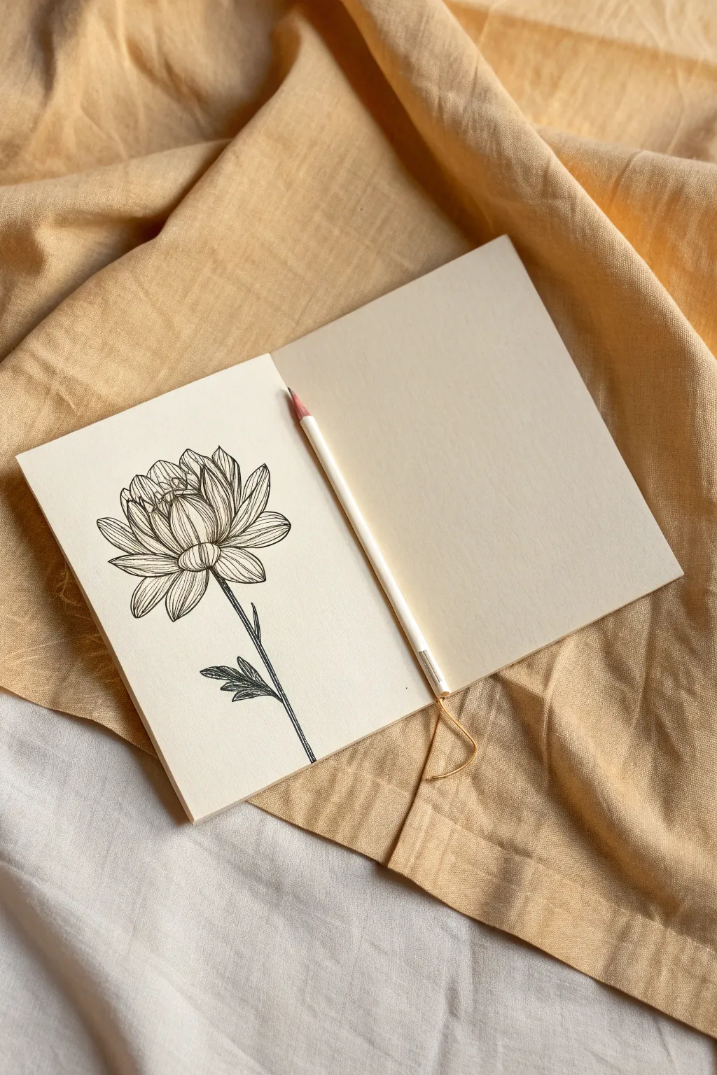Folded paper bud opens into a full bloom surprise, minimalist lines with soft boho shading.