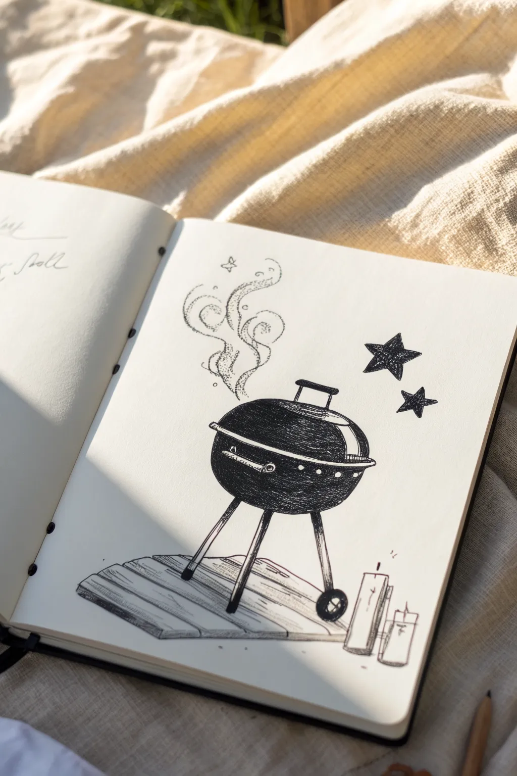 Minimal BBQ grill doodle with smoke swirls and a tiny star for Fourth of July sketching.