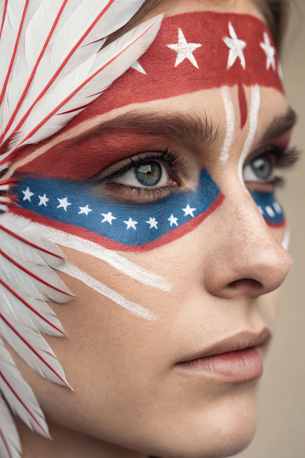 Eagle-feather eye paint in red, white, and blue, finished with crisp white stars