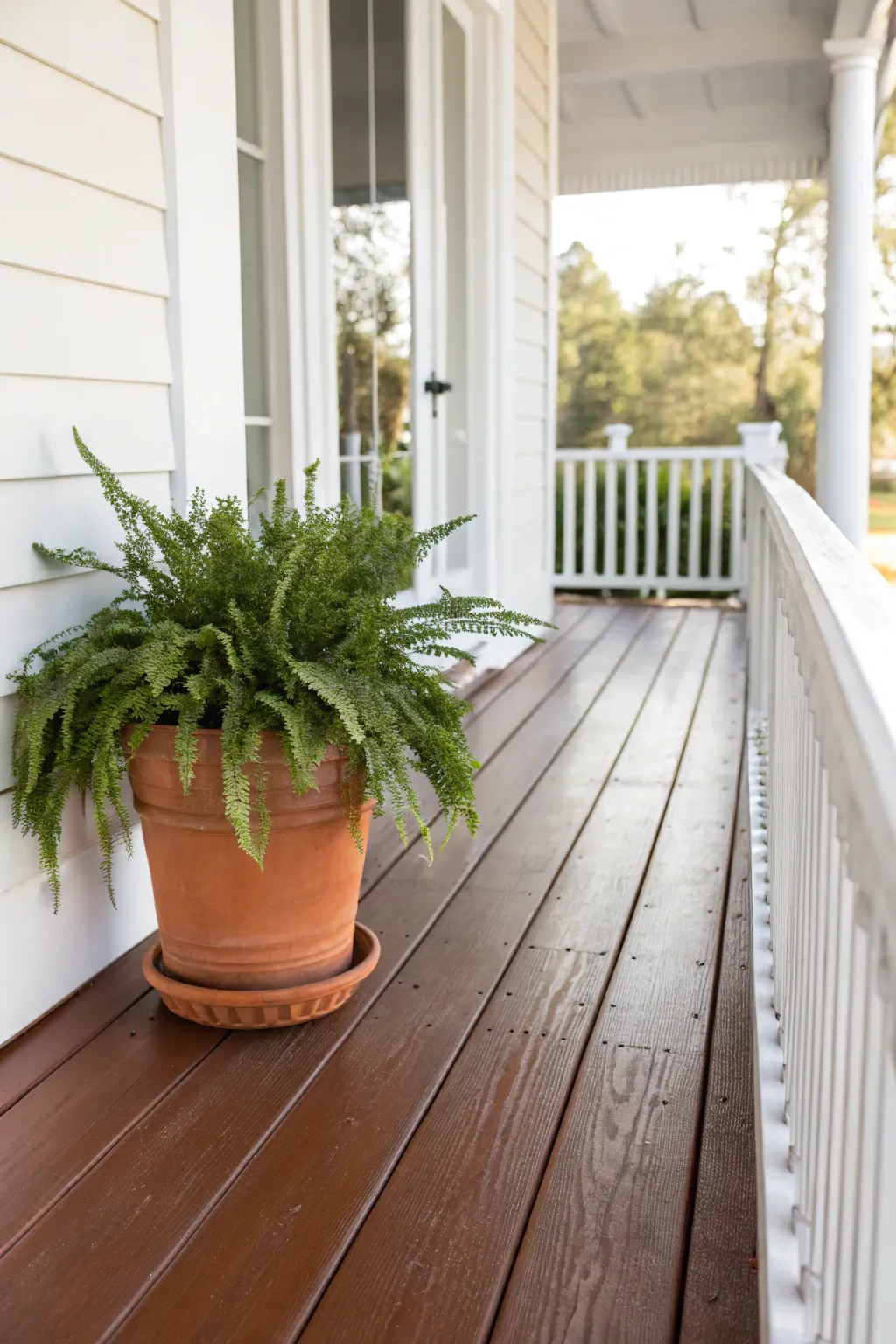 Earthy brown porch boards with crisp white trim, softened by terracotta and a fern.
