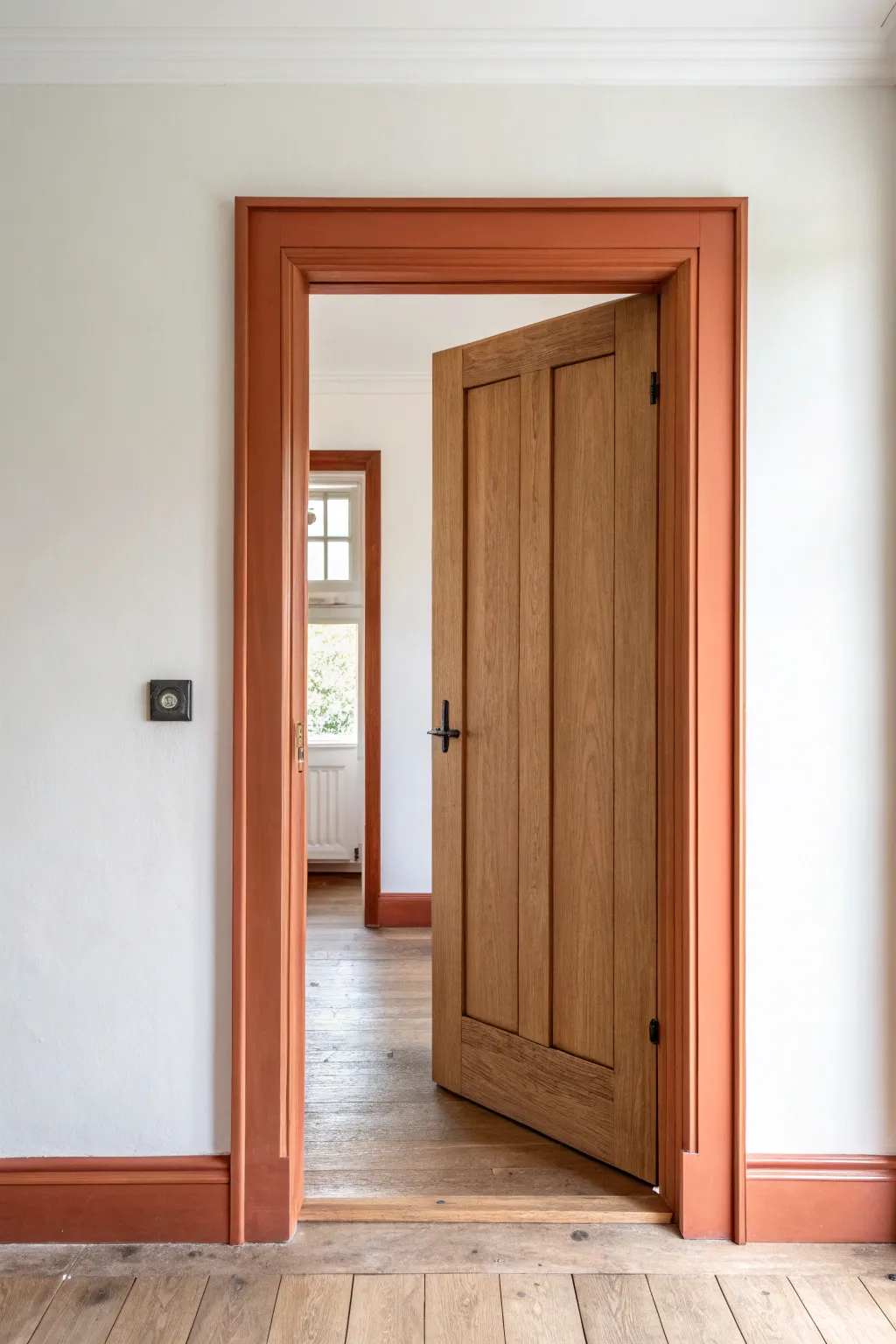 A chunky painted border that extends onto the wall makes the doorway a bold, playful color-pop frame.