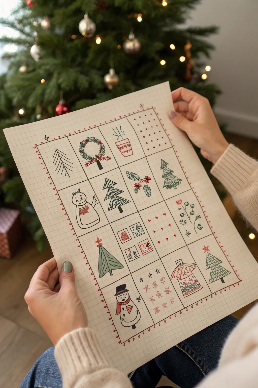 Ugly sweater doodle grid with goofy Christmas icons, minimalist lines, cozy Scandinavian vibes