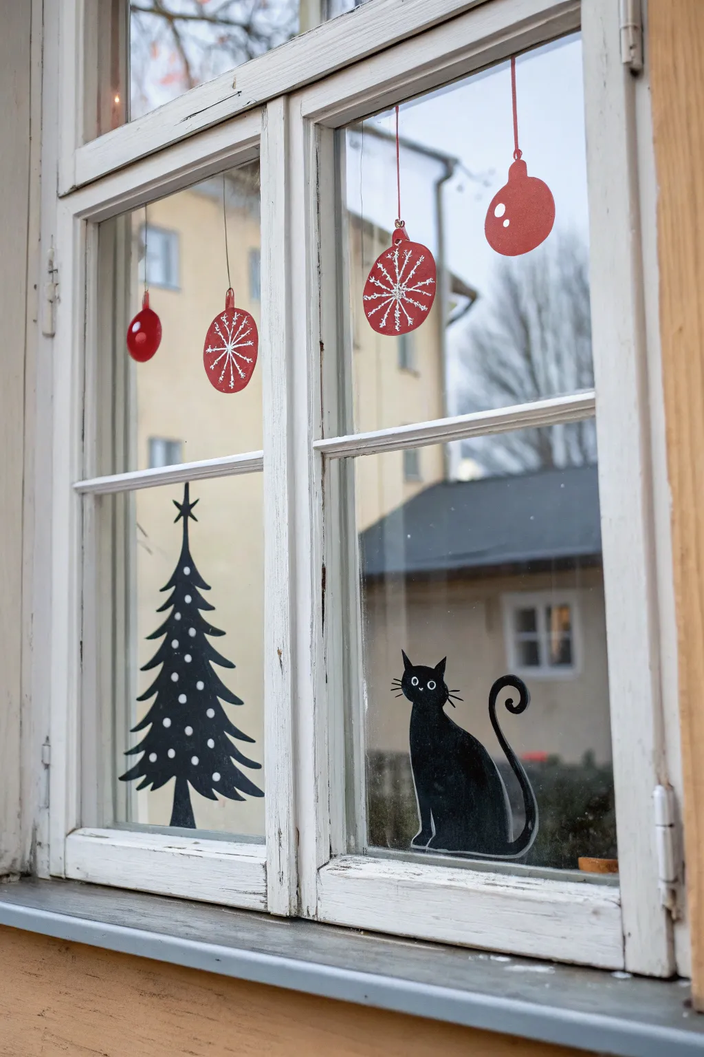 Minimal window-painting idea: a smug cat swats ornaments off a simple Christmas tree