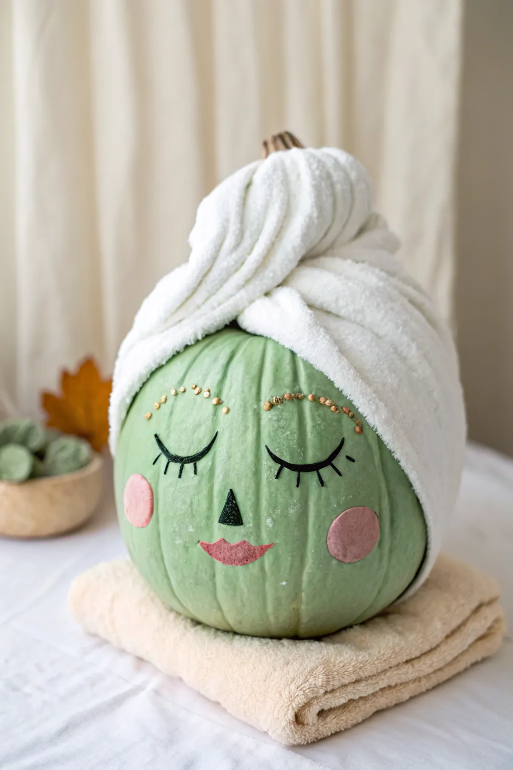 Spa day face mask pumpkin with towel wrap vibes, a funny and calming fall painting idea