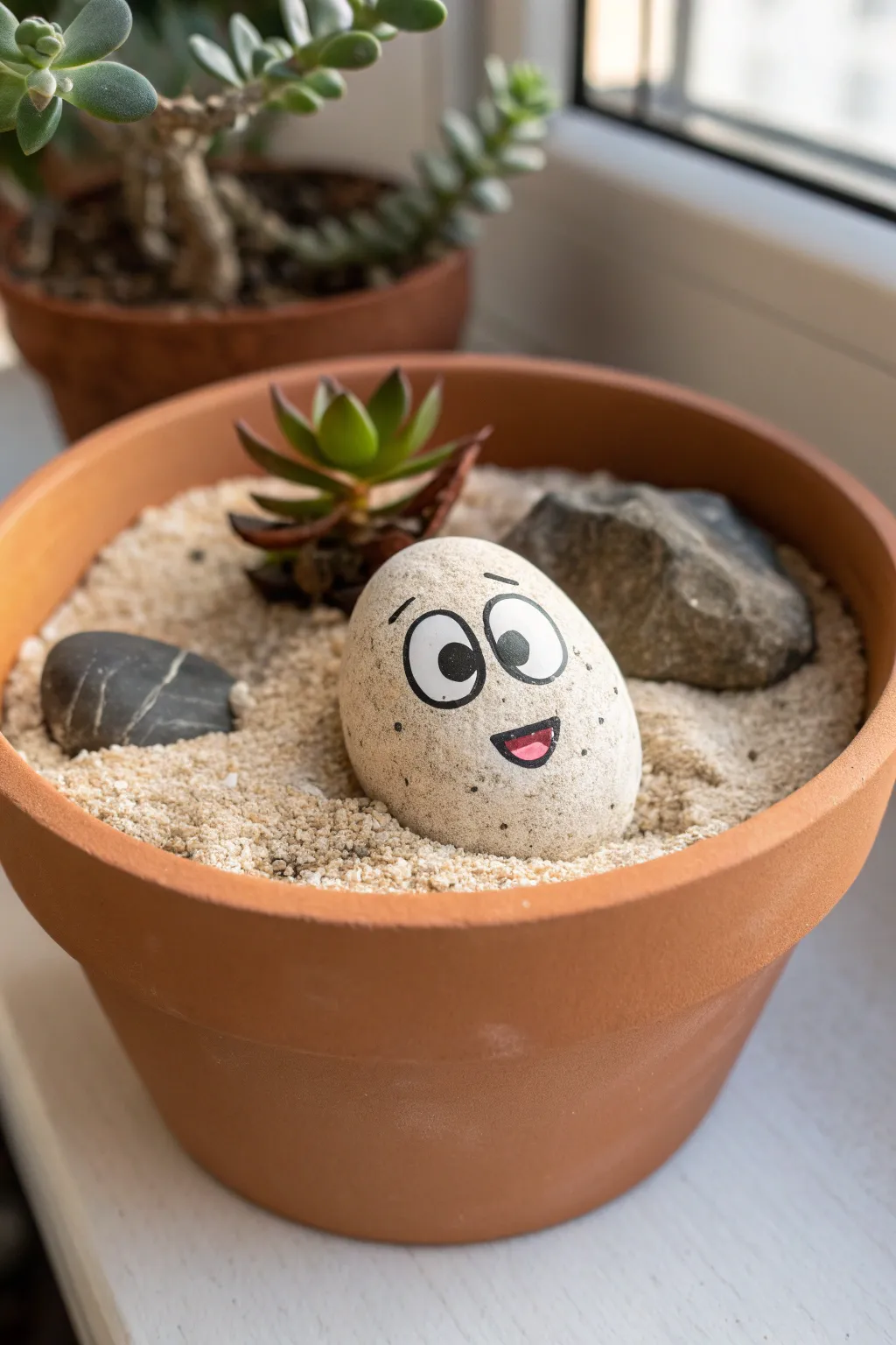 A surprised peekaboo face rock popping from a planter for a playful garden giggle