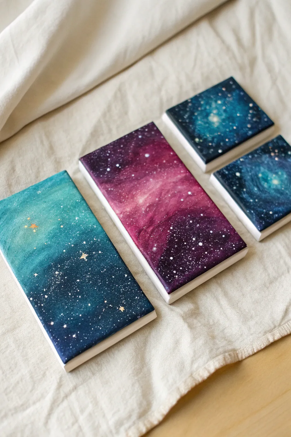Mini galaxy series on small square canvases, bold palettes and delicate stars in clean Scandi style