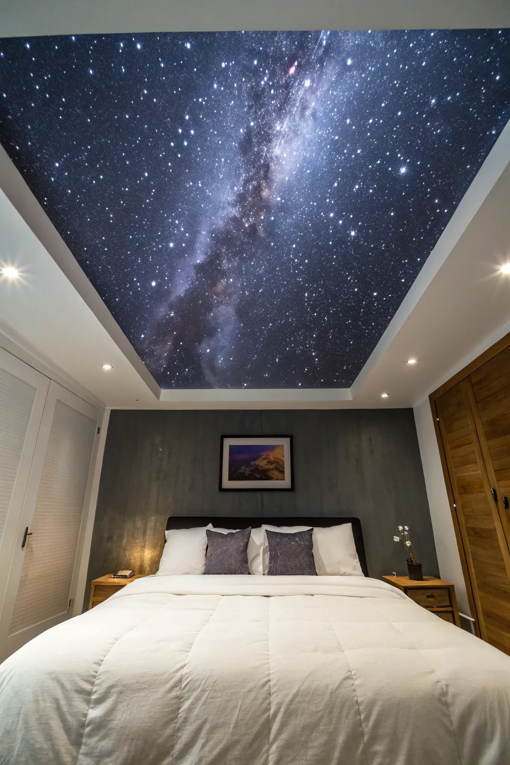 Turn your ceiling into a mini planetarium with a dreamy galaxy night-sky paint effect.