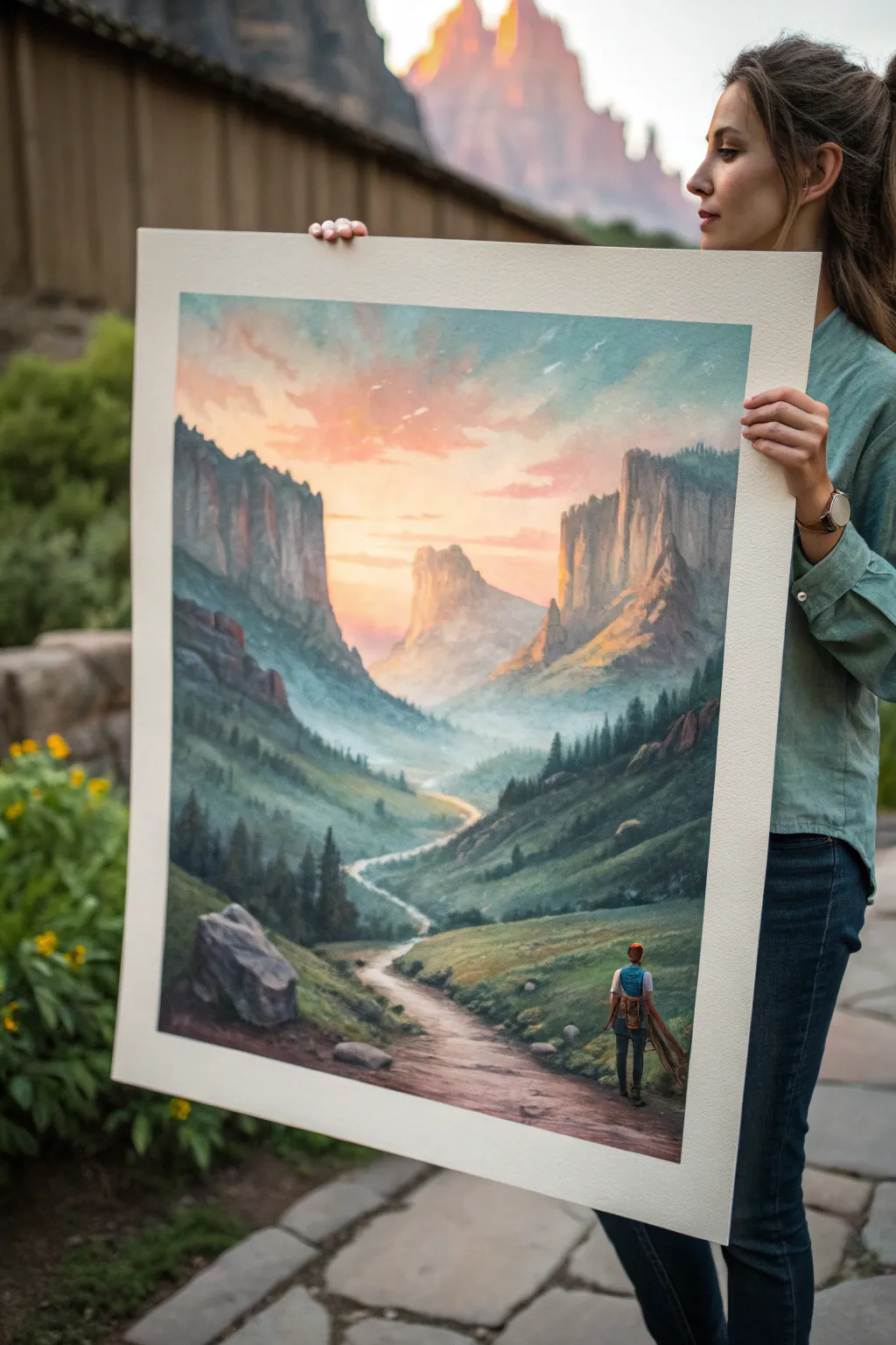 Fantasy game landscape background with glowing gradients and a path guiding the eye