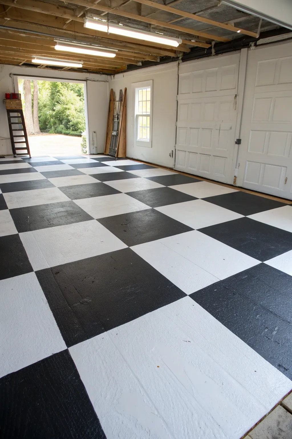Bold oversized black-and-white checkerboard blocks for a modern, high-contrast garage floor