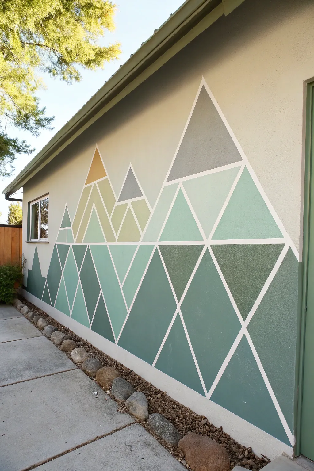 Muted triangle mountain mural with crisp tape edges for a calm, playful Scandinavian nursery look.