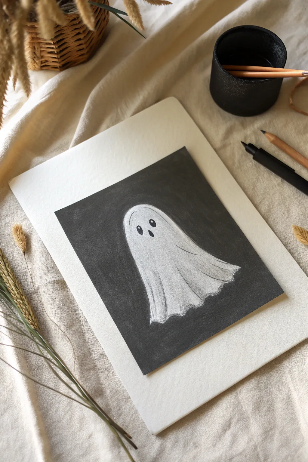 Minimalist pale gray ghost with soft edge shading, set against a dark block for contrast