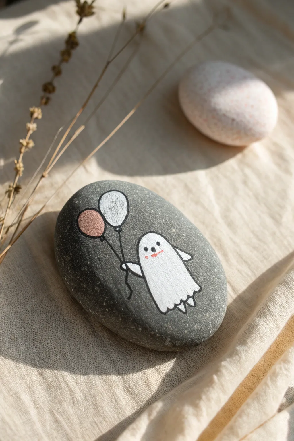 Paint a sweet ghost rock holding pastel balloons for a charming little spooky celebration.