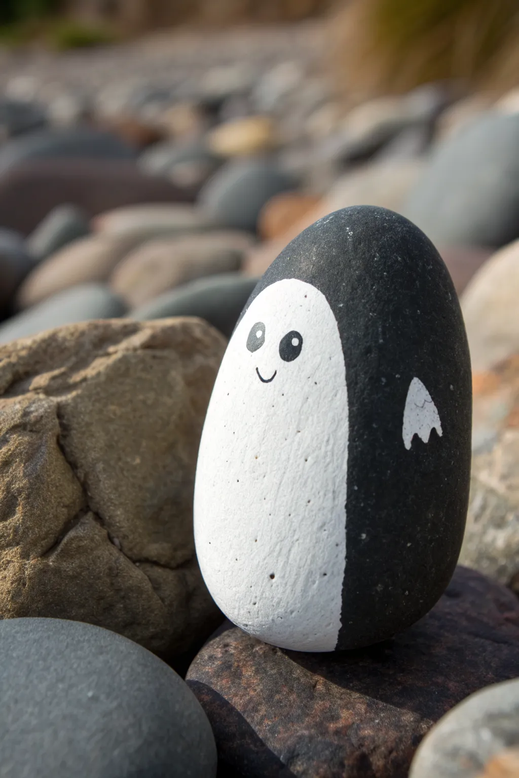 Shy half-ghost rock peeking from the edge, simple dark backdrop and playful uneven eyes