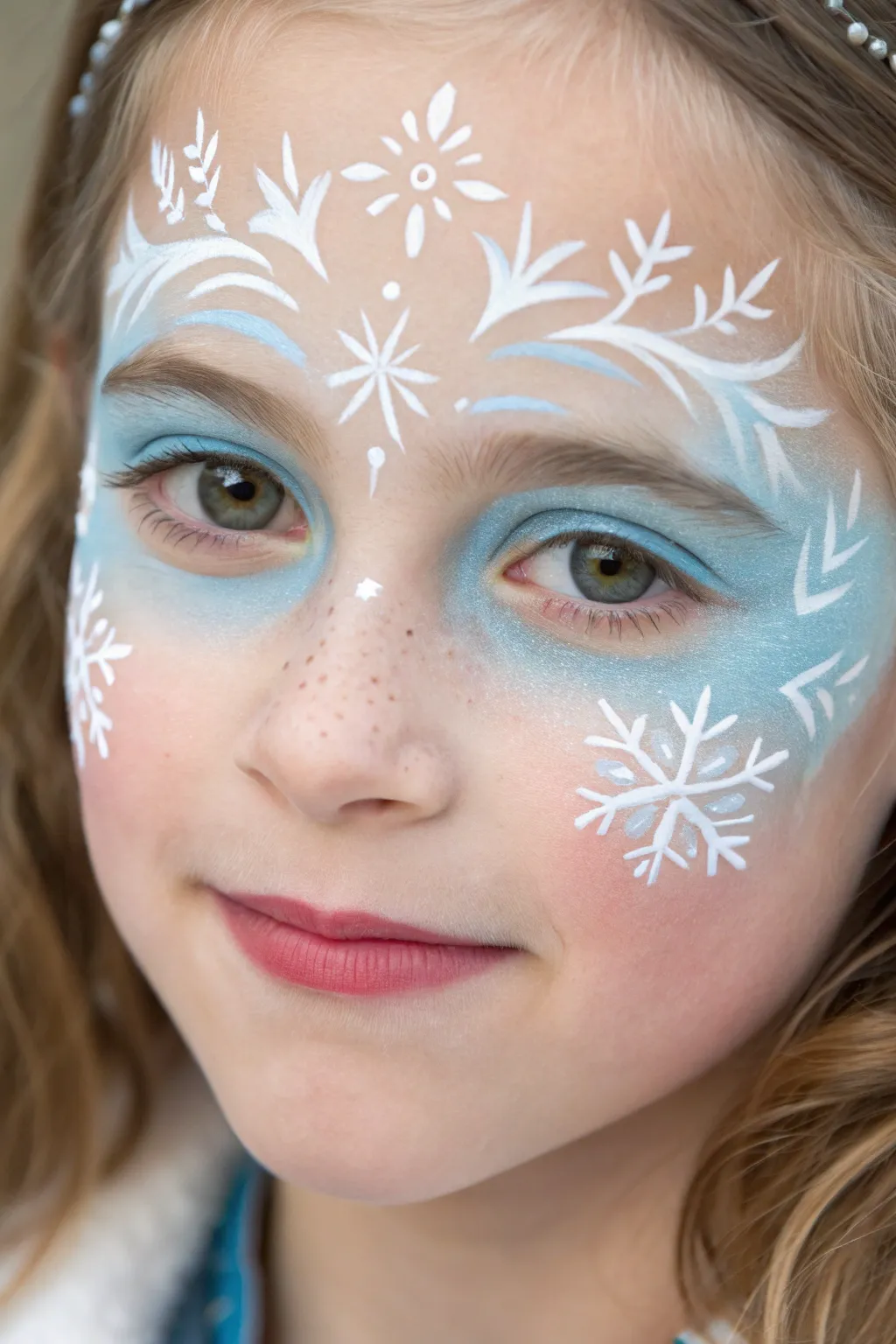 Ice Princess face paint with icy blue eyeshadow, crisp snowflakes, and frosty cheek swirls