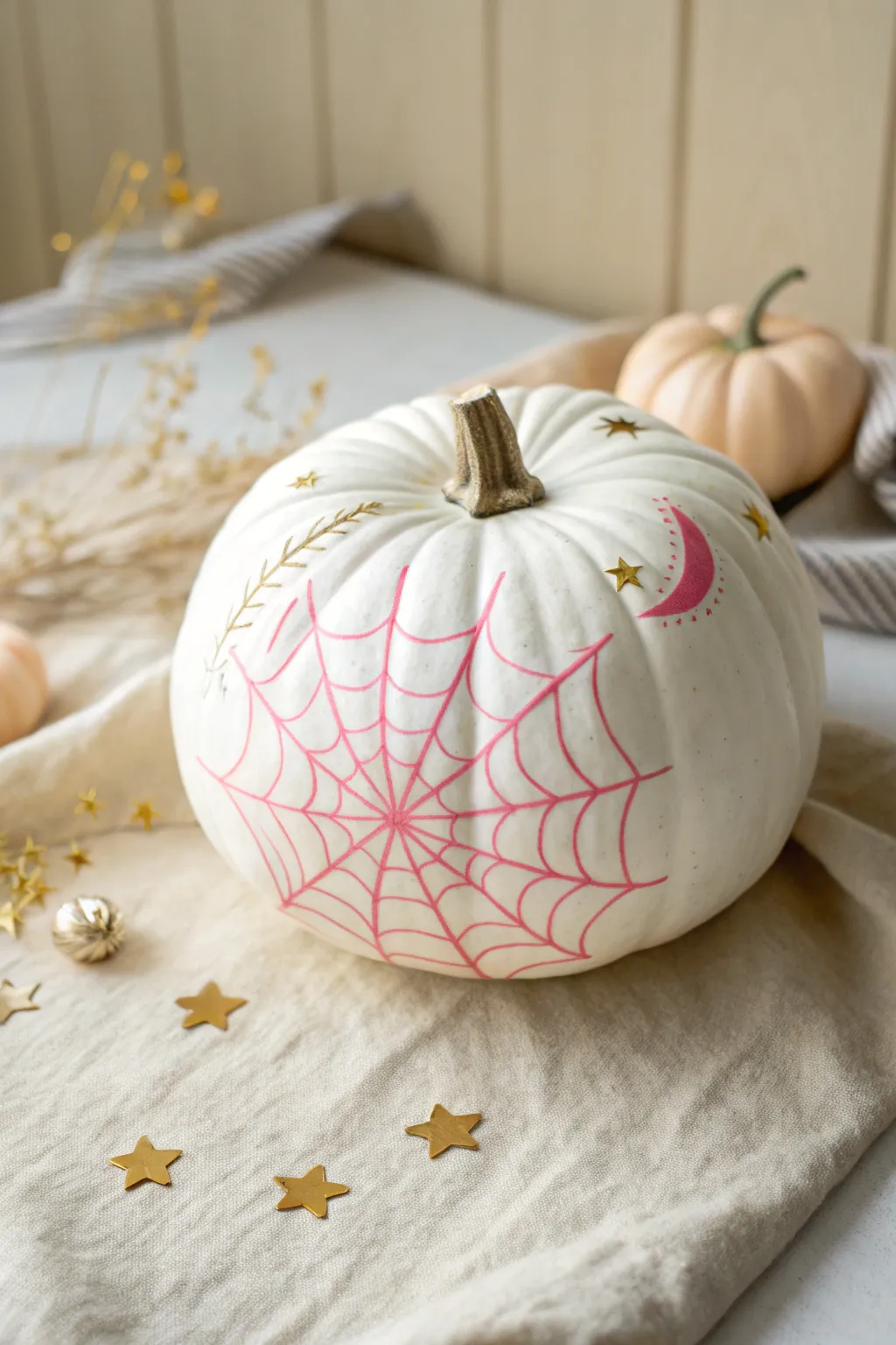 White pumpkin with blush spiderweb lines and tiny gold stars for a dreamy girly Halloween