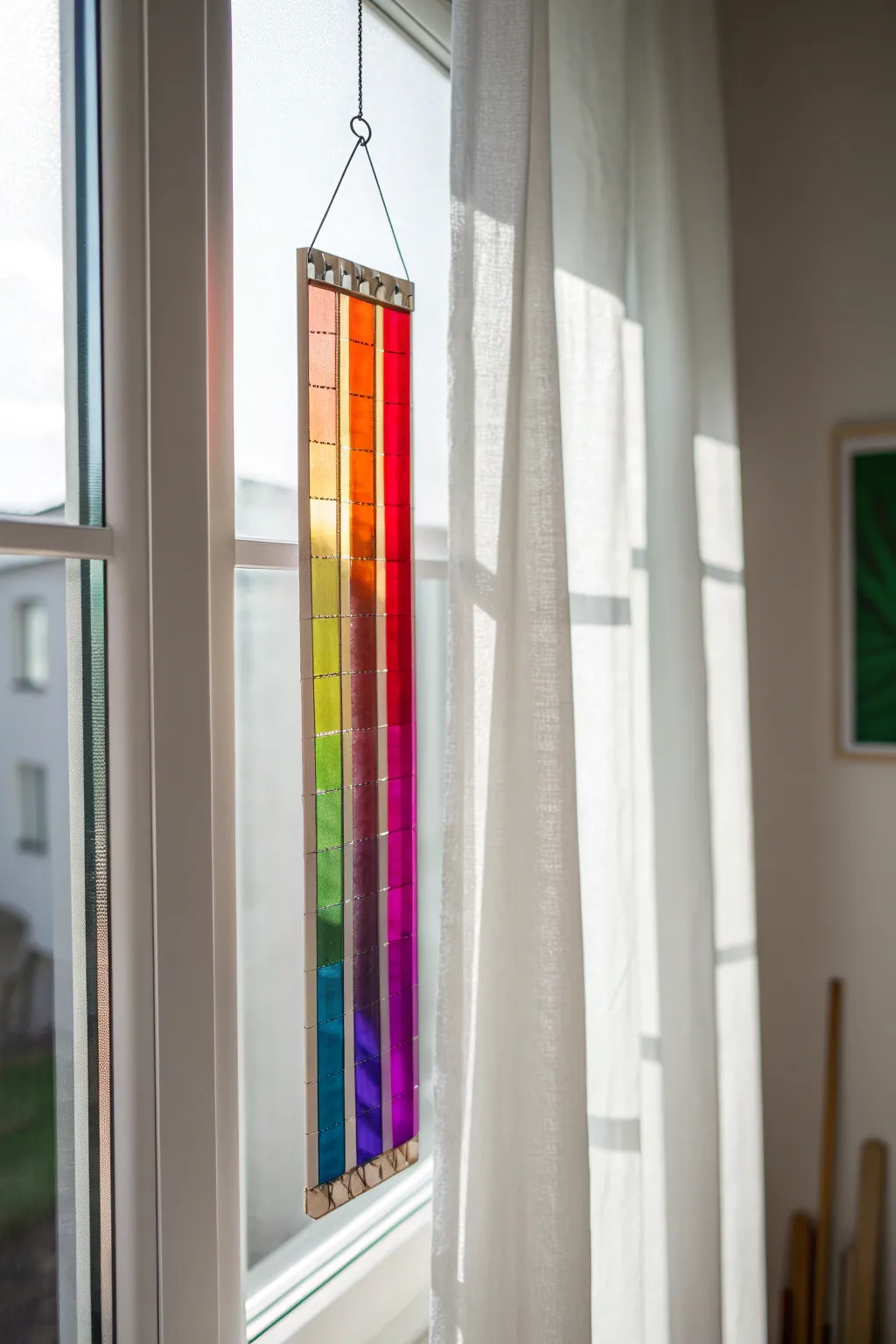 Rainbow glass strip suncatcher casting vivid prism light across a calm, minimalist wall.