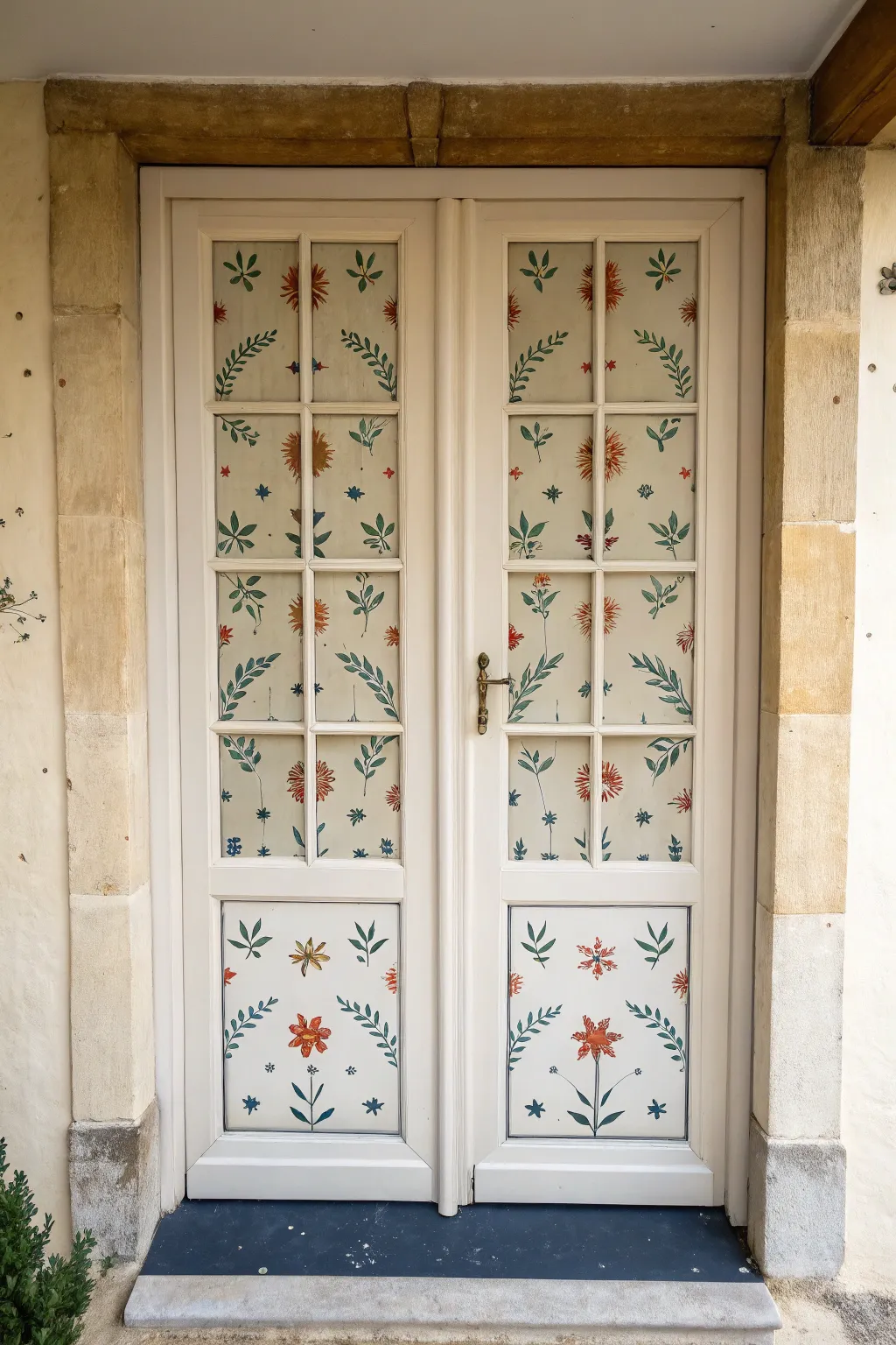 Pane-by-pane mini florals and stars on French doors, playful yet minimalist and boho