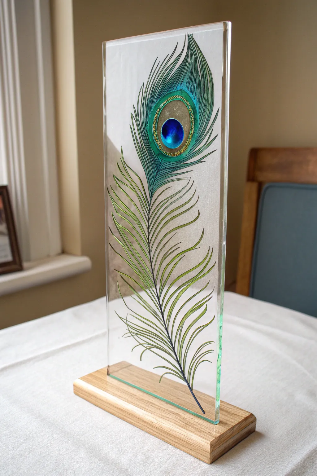 Jewel tone peacock feather on glass, glowing in window light for a bold feature piece