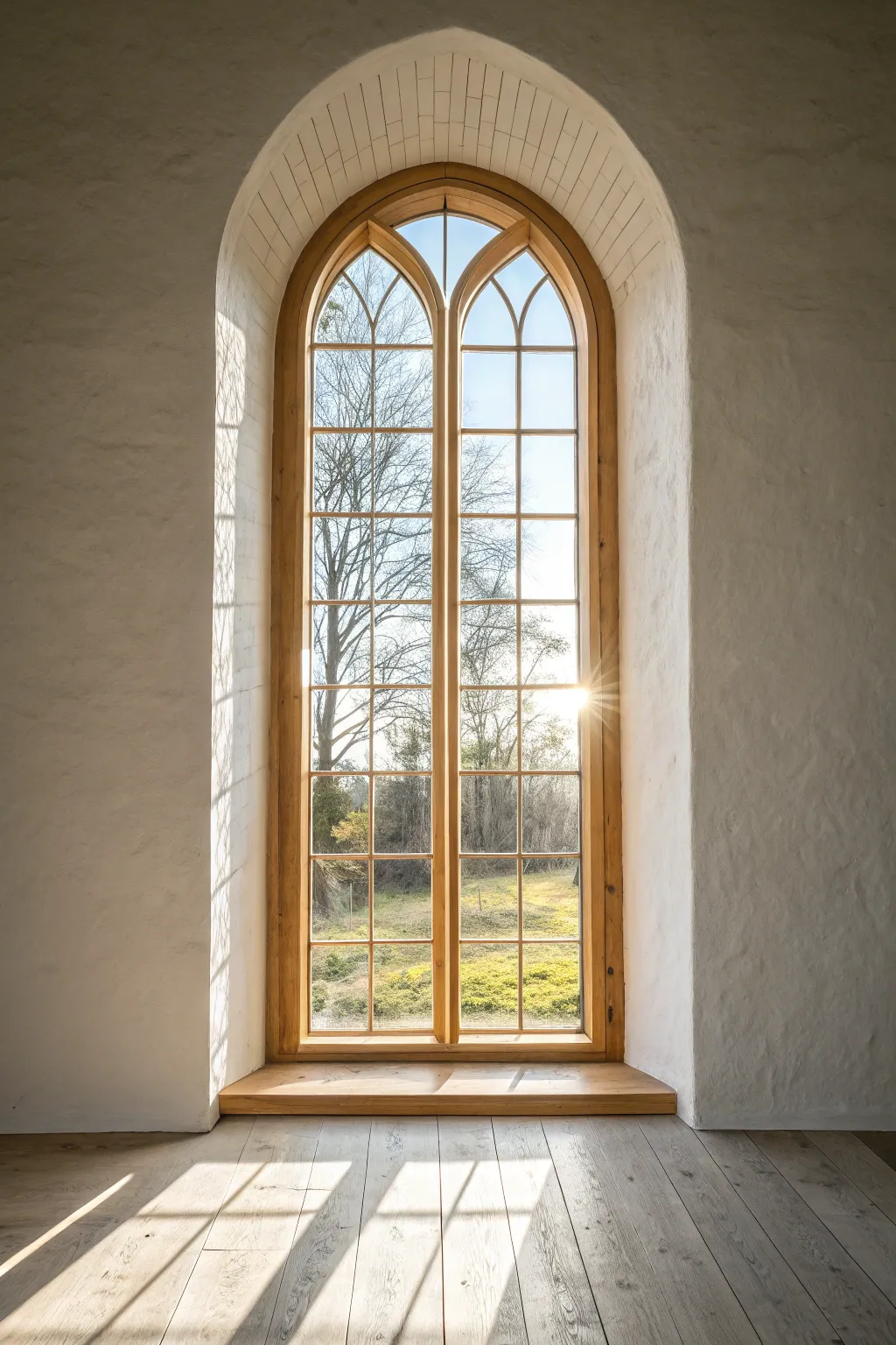 Soft drama: an arched glass window with sunlight painting a curved glow across the floor