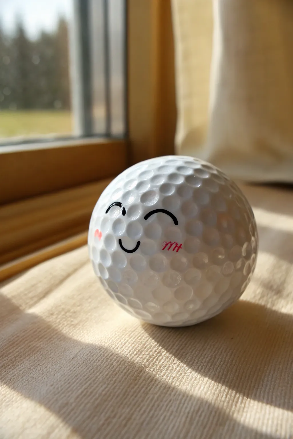 Minimalist golf ball with a cute smiley face, crisp ink on dimples and soft rosy cheeks
