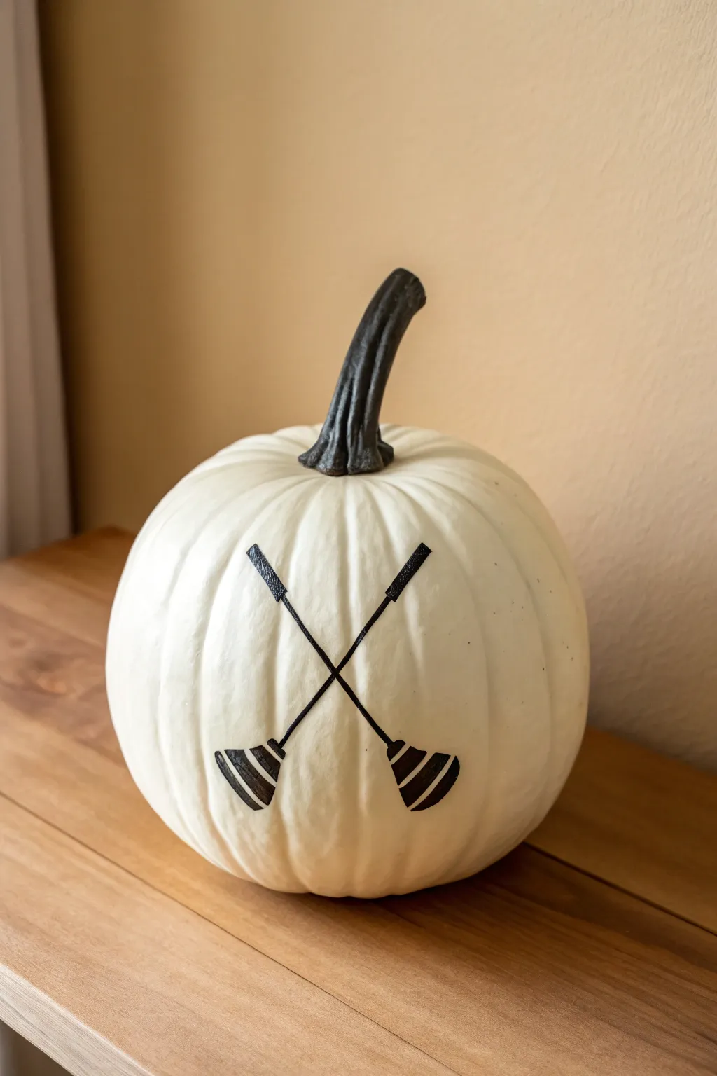 Minimal crossed golf clubs on an ivory pumpkin, bold contrast and clean Scandinavian boho style