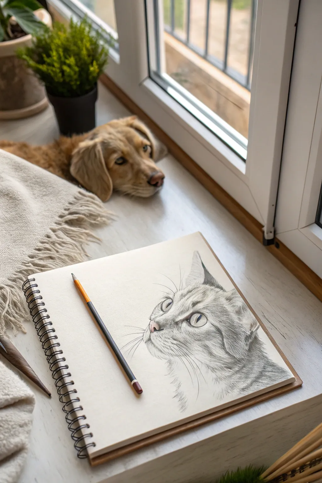 Minimalist pet portrait sketch: clear eyes, soft fur shapes, high-contrast graphite charm.