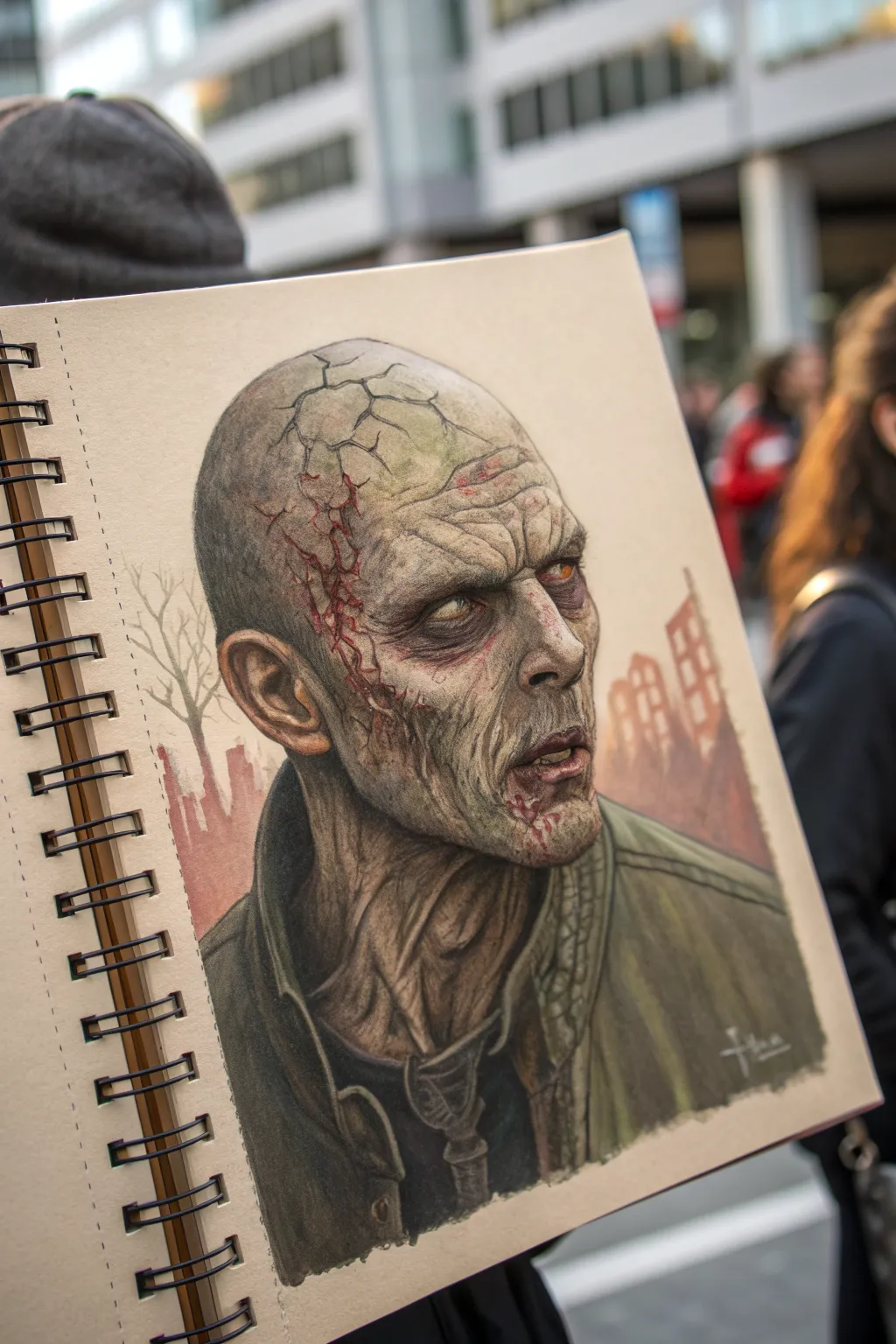 Jawline rot texture study: minimalist zombie patchwork with dry cracks and wet tissue