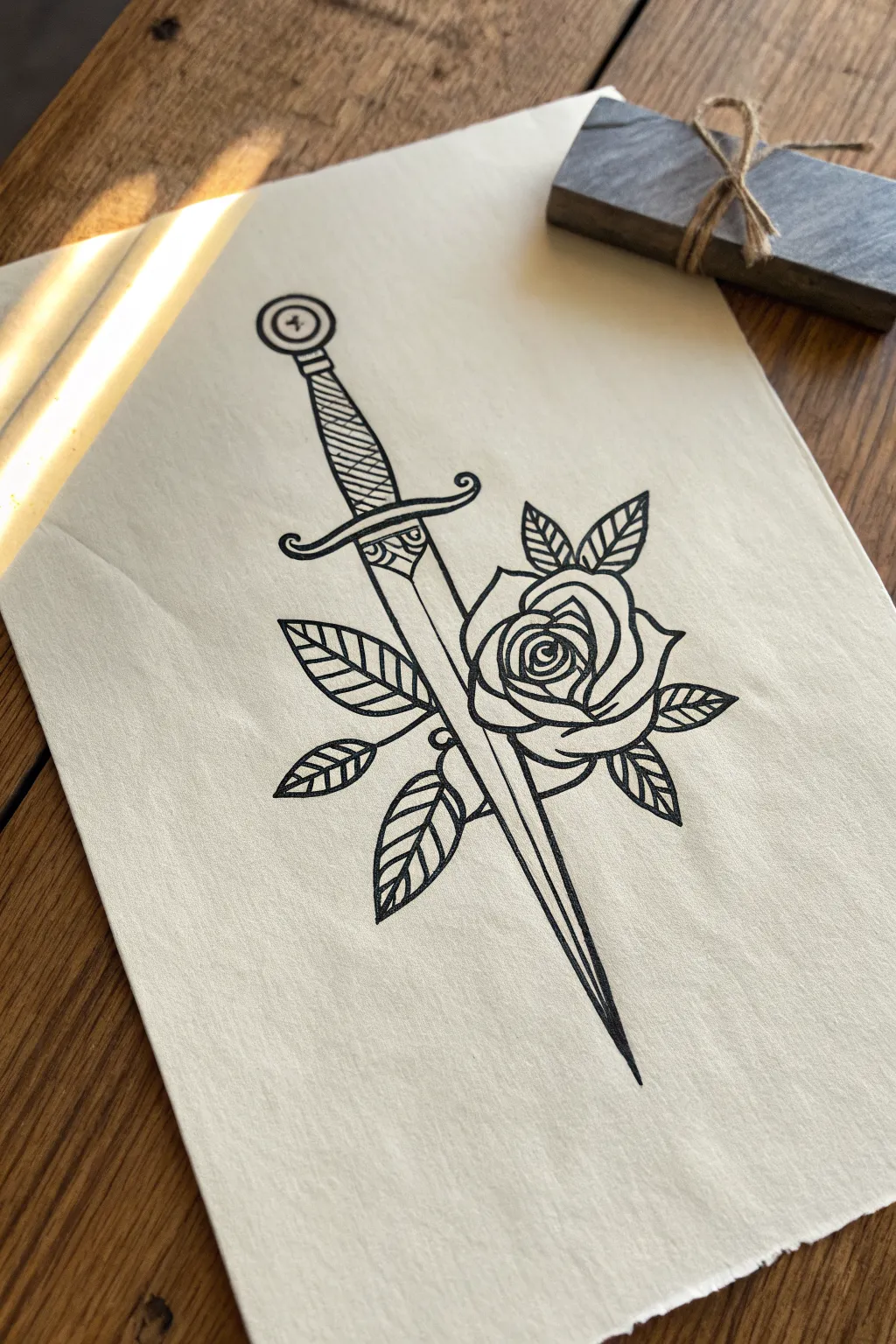 Simple gothic linework: a centered dagger piercing a rose, bold blacks on a clean page.