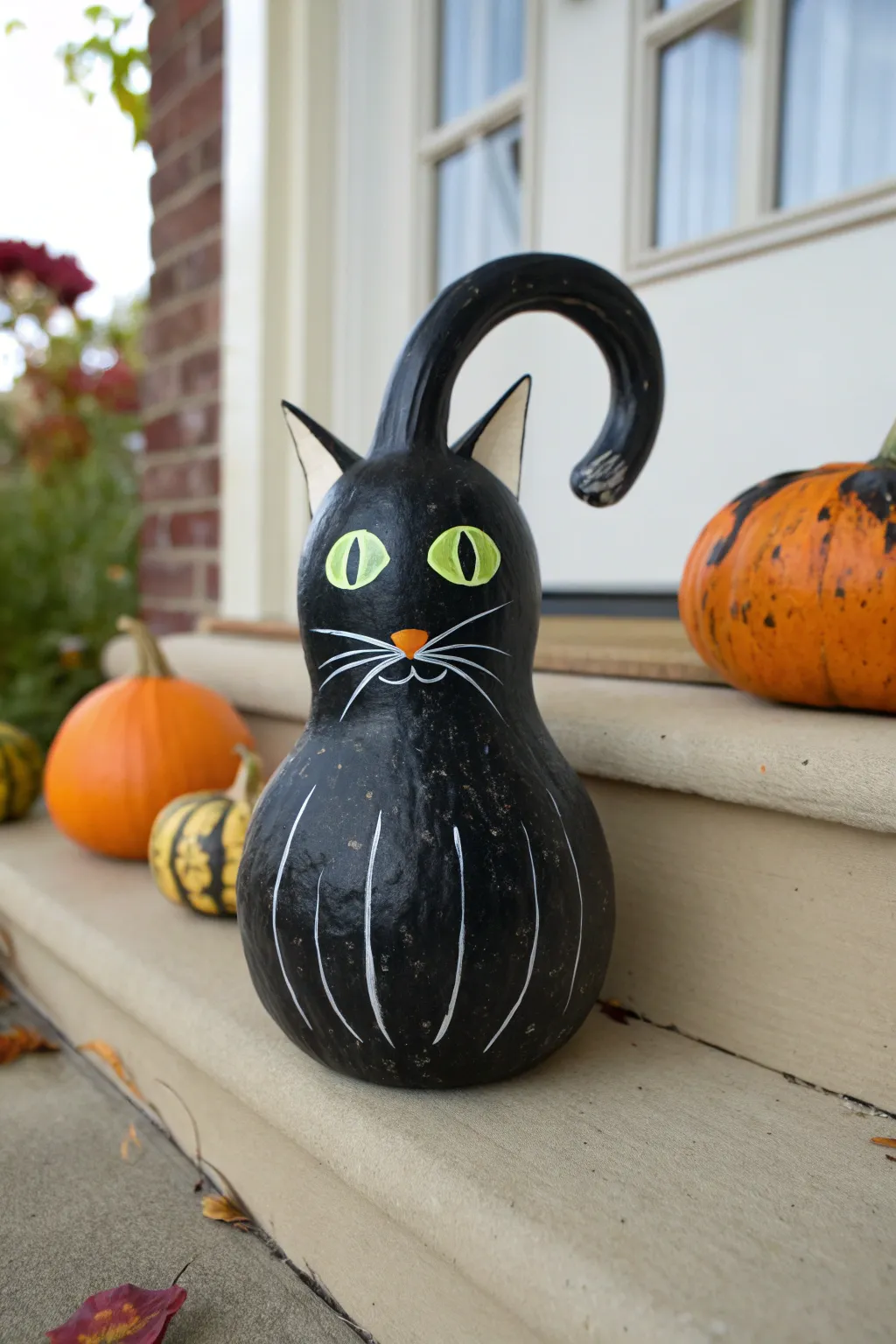 Hand-painted black cat gourd with bright emerald eyes, minimal porch styling and cozy contrast