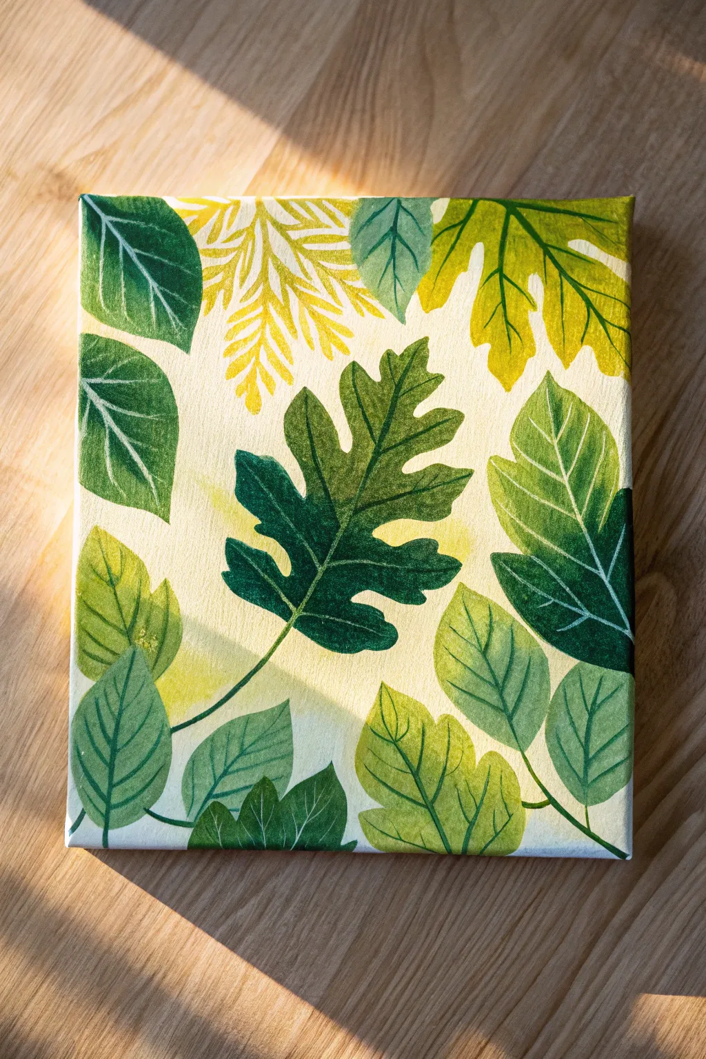 Sunlit green canopy study with dappled highlights and emerald shadows, simple and soothing