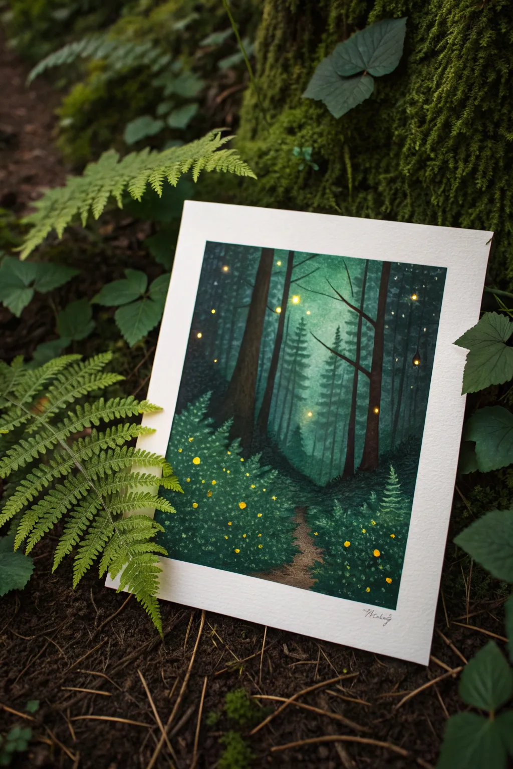 Deep green forest-floor painting with glowing firefly dots for a quiet, magical sparkle