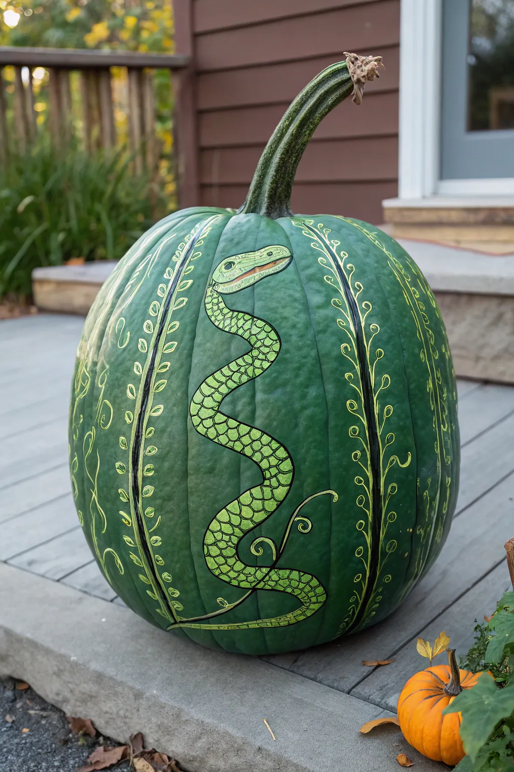 Paint a snake illusion in two greens on a pumpkin for a minimalist yet eerie autumn accent.