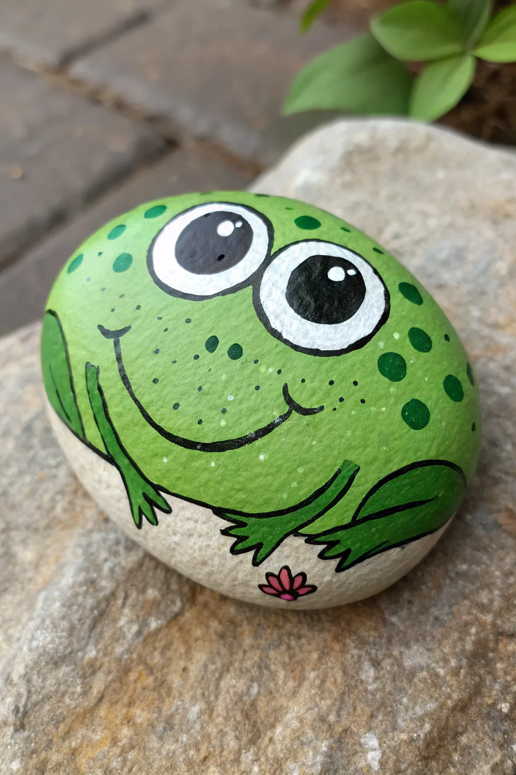 Paint a cheerful green frog rock with bold eyes and a simple lily pad for the garden.