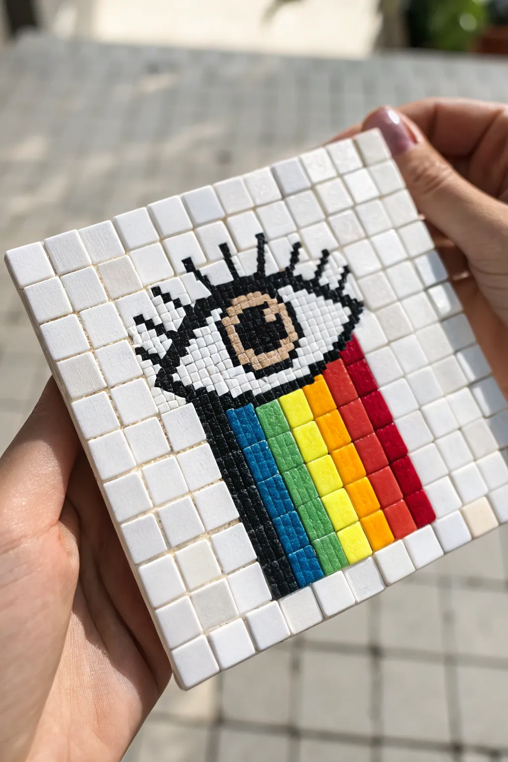 Crisp pixel eye mosaic with rainbow tears on a bold square grid, minimalist boho craft vibes