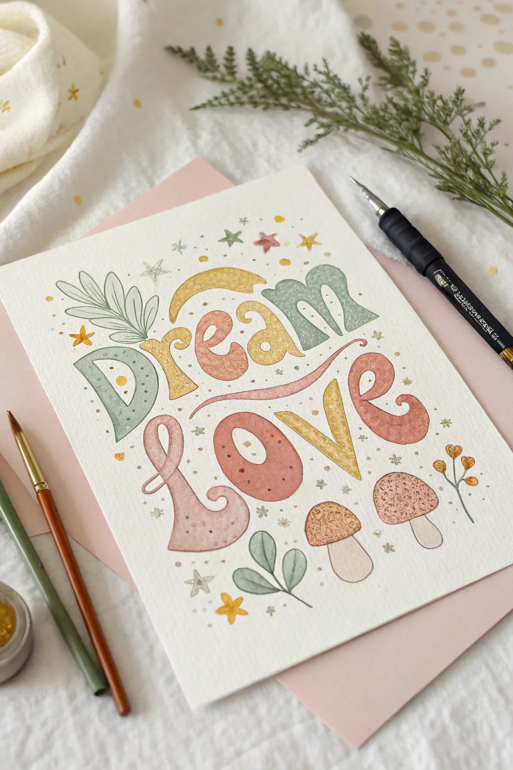Groovy bubble lettering with pastel shadows, stars and tiny mushrooms for bubbly good vibes
