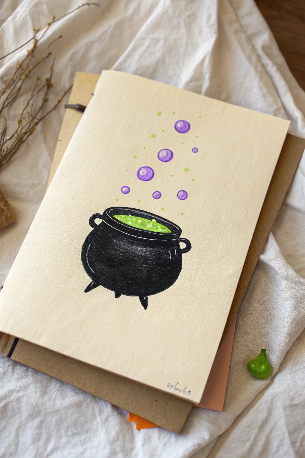 Easy Halloween drawing: minimalist dark cauldron with neon bubbling magic for spooky contrast.