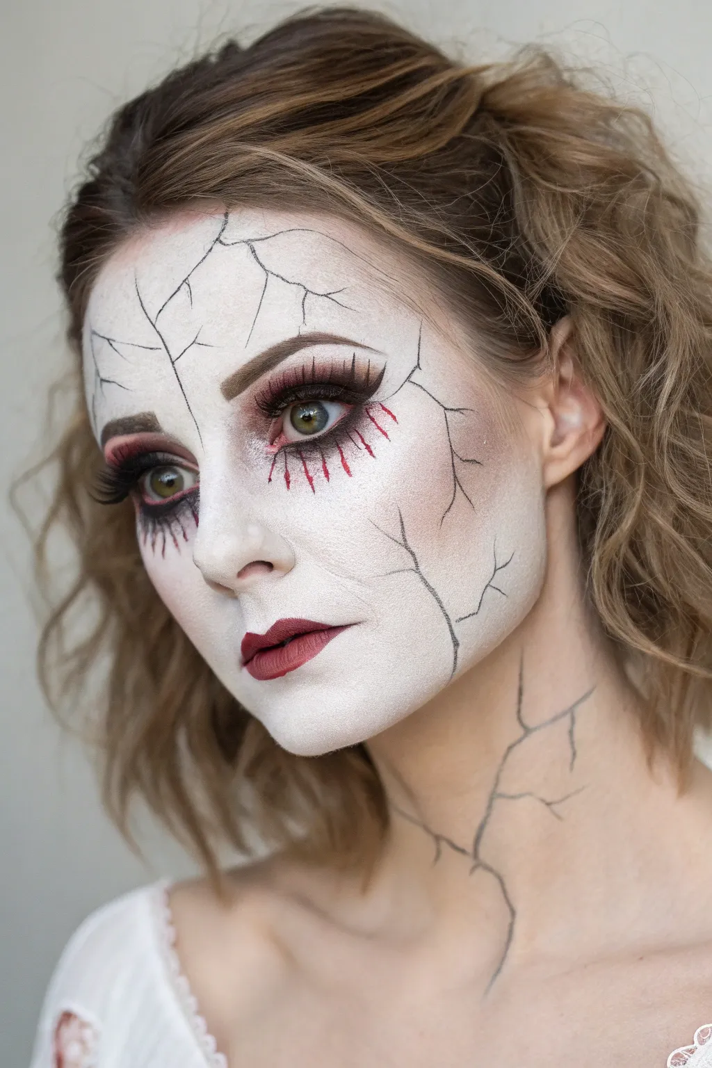 Achieve a hauntingly beautiful look with this broken porcelain doll makeup illusion.